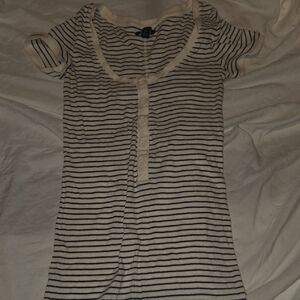 American Eagle Outfitters White and Black Striped Scoop Neck Henley Top